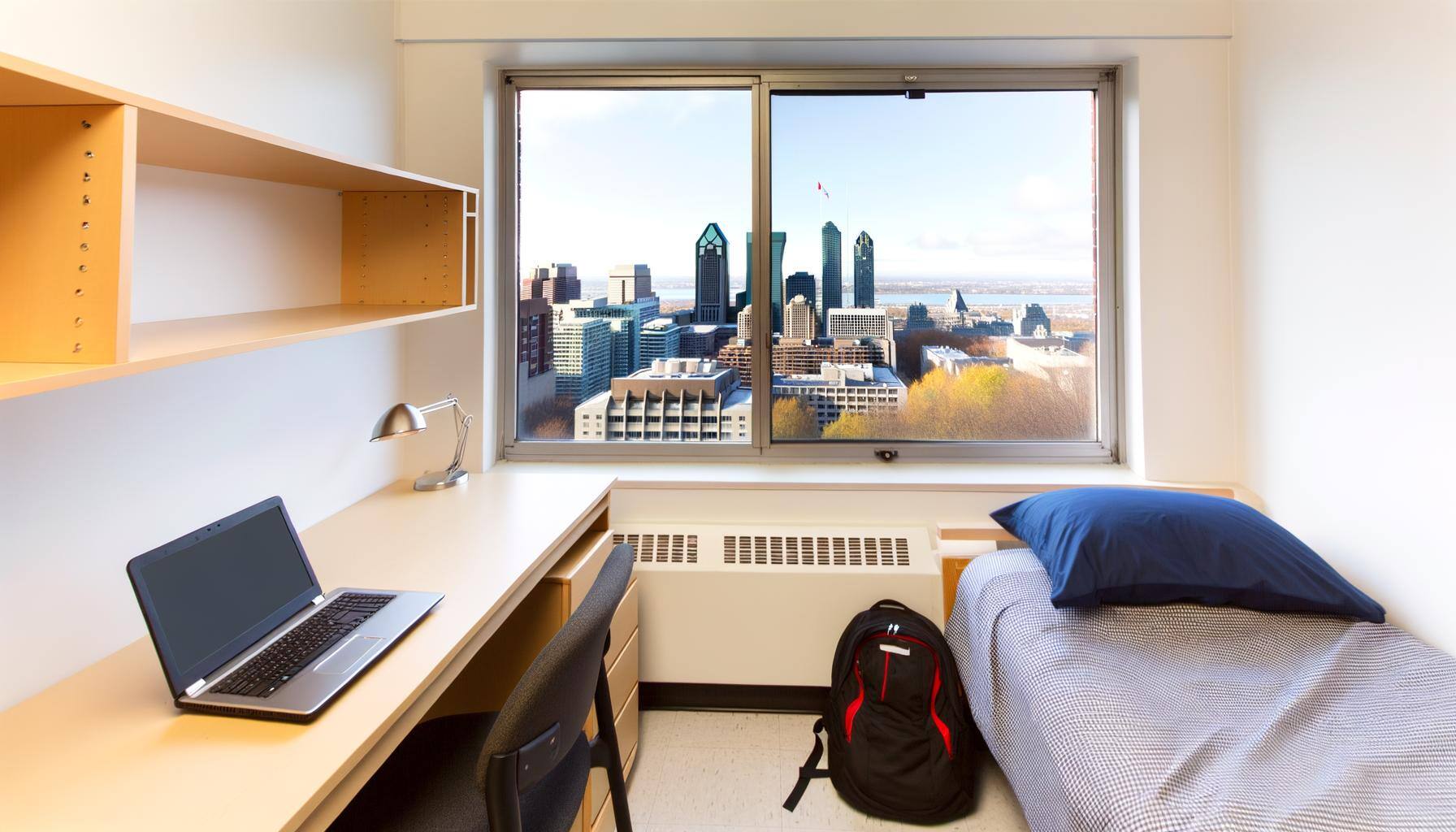 Chambre de résidence étudiante Une chambre bien organisée avec un lit, un bureau avec un ordinateur portable, et une vue sur la ville de montréal à tr