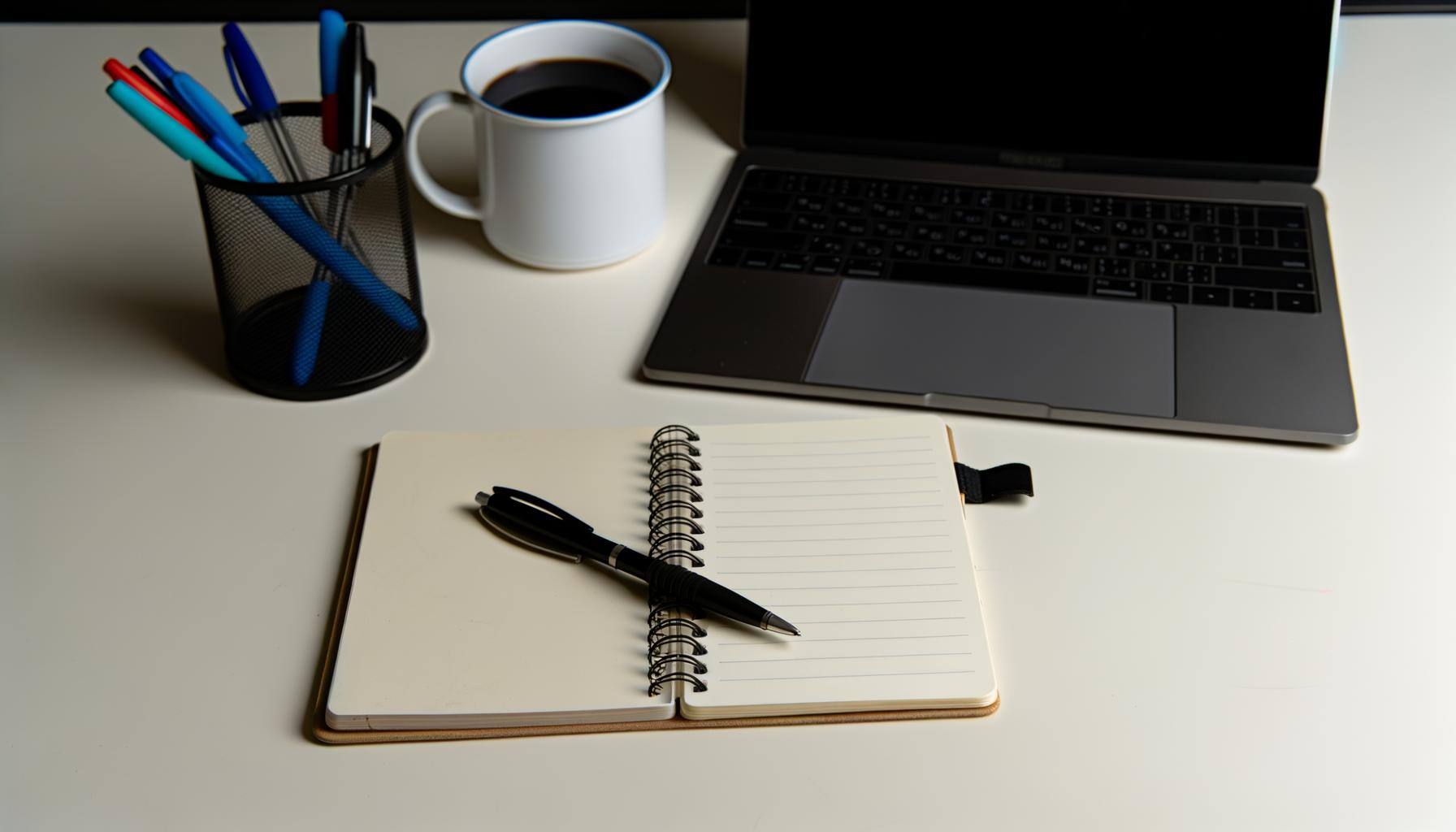 Sur un bureau un carnet de notes fermé avec un ordinateur fermé entouré de stylos et dune tasse de café