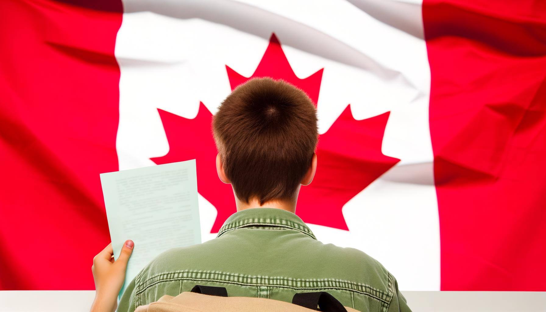 Un étudiant de dos tenant un papier avec un drapeau canadien en arrièreplan