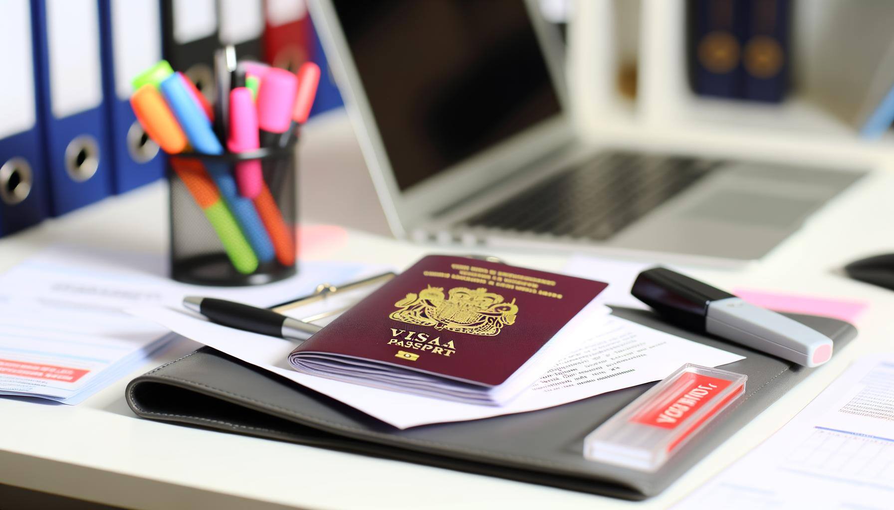 Un bureau avec des documents de visa, un passeport, ordinateur portable