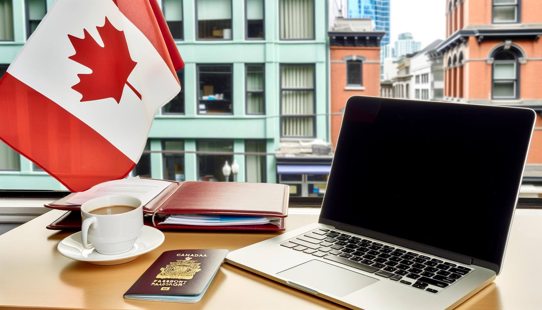 Un bureau avec un ordinateur portable ouvert, des documents de voyage, un passeport canadien, et une tasse de café