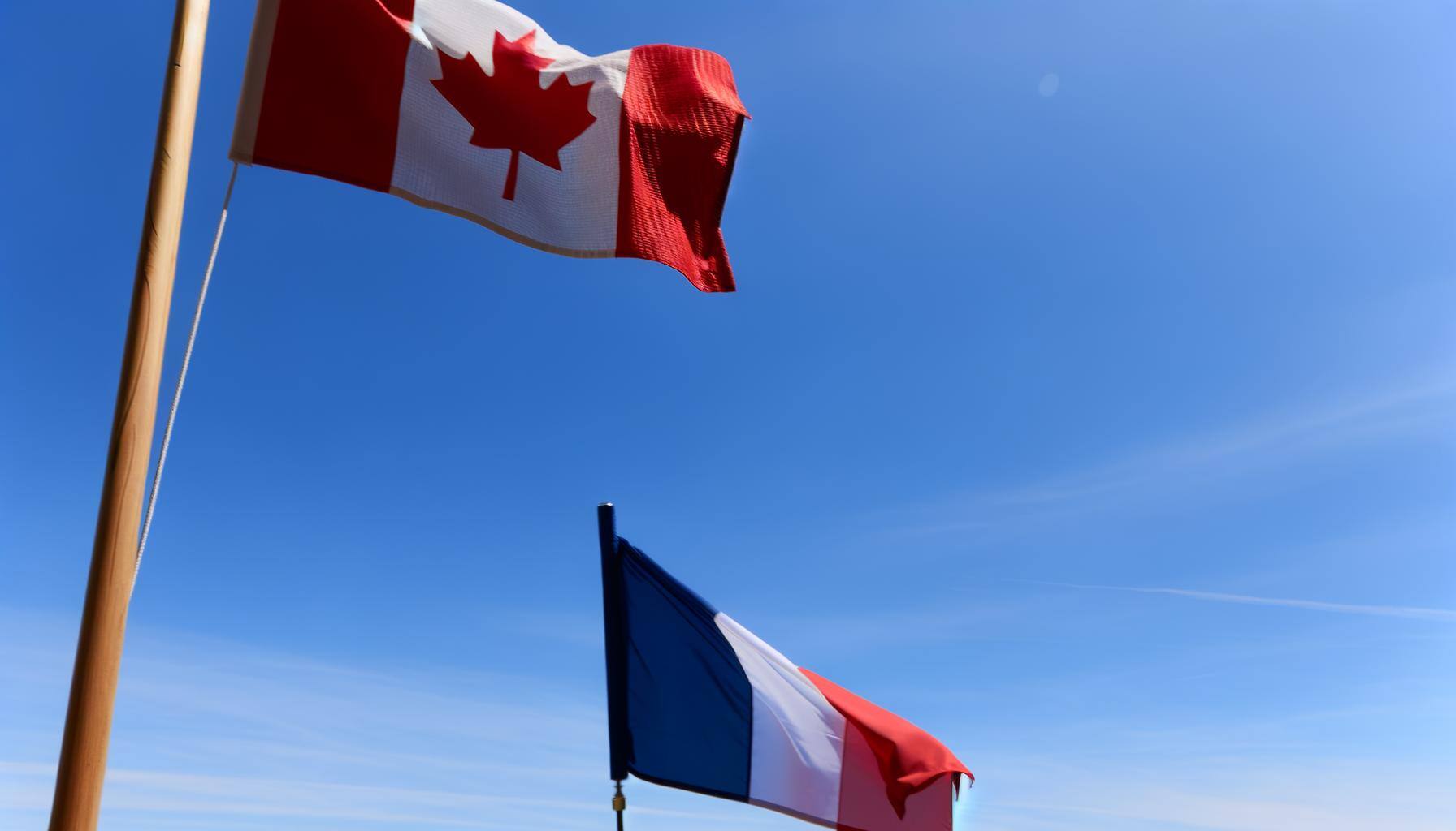 Un drapeau canadien et un drapeau français côte à côte avec une vue vers le ciel